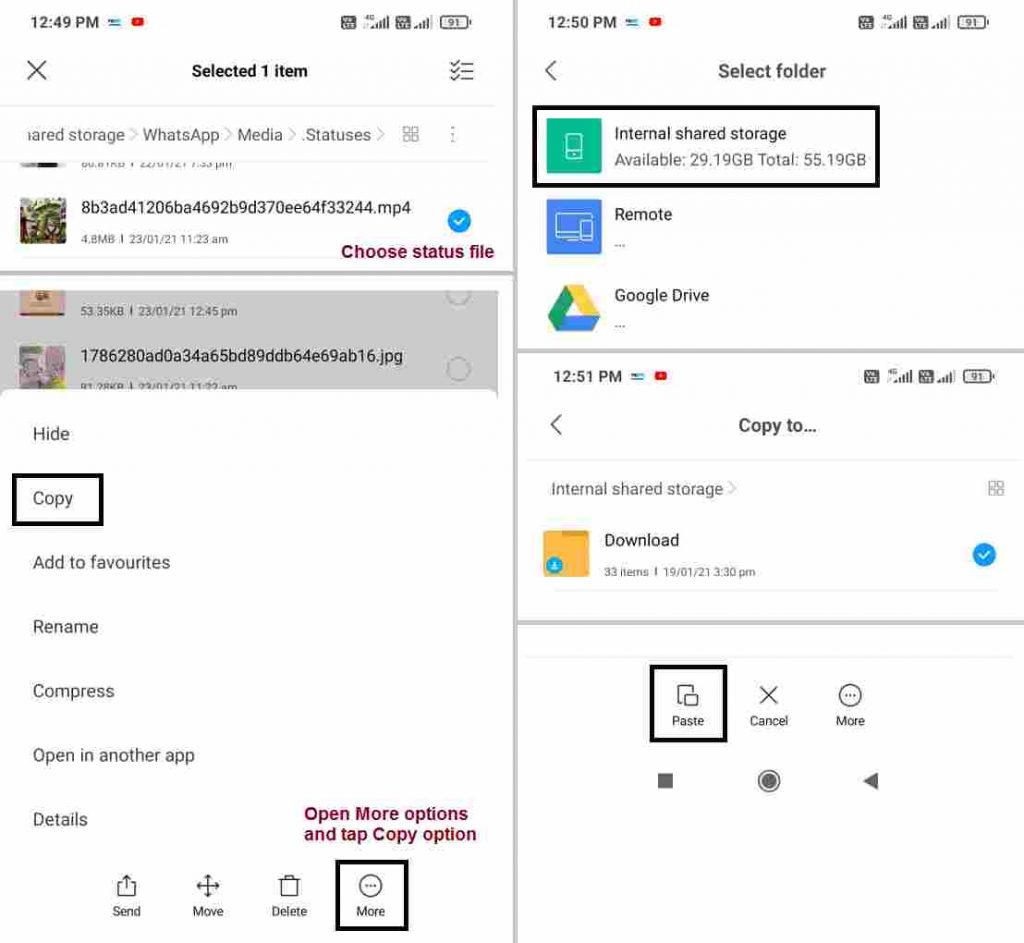 Copy status file and paste in Download or other folder